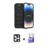 MARSİLYAN™- iPhone 15 Pro Max Kılıf Atlas Koleksiyonu - Siyah Bilvis 5in1 5D Magic Hayalet Cam Ekran Koruyucu + Lacivert PVD Metal Kamera Lens