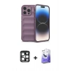 MARSİLYAN™- iPhone 15 Pro Max Kılıf Atlas Koleksiyonu - Siyah Bilvis 5in1 5D Magic Hayalet Cam Ekran Koruyucu + Lacivert PVD Metal Kamera Lens