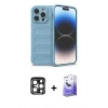 MARSİLYAN™- iPhone 15 Pro Max Kılıf Atlas Koleksiyonu - Siyah Bilvis 5in1 5D Magic Hayalet Cam Ekran Koruyucu + Lacivert PVD Metal Kamera Lens