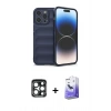 MARSİLYAN™- iPhone 15 Pro Max Kılıf Atlas Koleksiyonu - Siyah Bilvis 5in1 5D Magic Hayalet Cam Ekran Koruyucu + Lacivert PVD Metal Kamera Lens