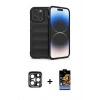 MARSİLYAN™- iPhone 15 Pro Max Kılıf Atlas Koleksiyonu - Siyah Buffer Hayalet Cam Ekran Koruyucu + PVD Metal Kamera Lens - LT