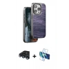 MARSİLYAN™- iPhone 15 Pro Max Kılıf Atlas Minimal Özel Seri - Siyah 3D Antistatik Seramik Nano Ekran Koruyucu + Lacivert Raze Metal Kamera Lens