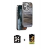 MARSİLYAN™- iPhone 15 Pro Max Kılıf Atlas Minimal Özel Seri - Siyah Buffer Cam Ekran Koruyucu + Turuncu PVD Metal Kamera Lens