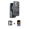 MARSİLYAN™- iPhone 15 Pro Max Kılıf Atlas Minimal Özel Seri - Siyah Buffer Hayalet Cam Ekran Koruyucu + Gümüş PVD Metal Kamera Lens
