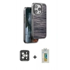 MARSİLYAN™- iPhone 15 Pro Max Kılıf Atlas Minimal Özel Seri - Siyah Polymer Nano Ekran Koruyucu + Gri PVD Metal Kamera Lens