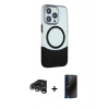 MARSİLYAN™- iPhone 15 Pro Max Kılıf Çekirdek Asil Özel Seri - Siyah 3D Antistatik Hayalet Cam Ekran Koruyucu + Gümüş Raze Metal Kamera Lens
