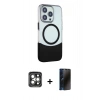 MARSİLYAN™- iPhone 15 Pro Max Kılıf Çekirdek Asil Özel Seri - Siyah 3D Antistatik Hayalet Cam Ekran Koruyucu + Gri PVD Metal Kamera Lens