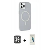 MARSİLYAN™- iPhone 15 Pro Max Kılıf Çekirdek Modern Prime - Şeffaf Pasifik Cam Ekran Koruyucu + Gri PVD Metal Kamera Lens
