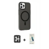MARSİLYAN™- iPhone 15 Pro Max Kılıf Çekirdek Modern Prime - Şeffaf Pasifik Cam Ekran Koruyucu + Gri PVD Metal Kamera Lens
