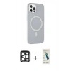 MARSİLYAN™- iPhone 15 Pro Max Kılıf Çekirdek Modern Prime - Şeffaf Pasifik Cam Ekran Koruyucu + Lacivert PVD Metal Kamera Lens