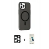 MARSİLYAN™- iPhone 15 Pro Max Kılıf Çekirdek Modern Prime - Şeffaf Pasifik Cam Ekran Koruyucu + Lacivert PVD Metal Kamera Lens