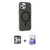 MARSİLYAN™- iPhone 15 Pro Max Kılıf Çekirdek Modern Prime - Siyah Bilvis 5in1 5D Magic Hayalet Cam Ekran Koruyucu + Gümüş PVD Metal Kamera Lens