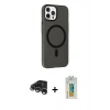 MARSİLYAN™- iPhone 15 Pro Max Kılıf Çekirdek Modern Prime - Siyah Polymer Nano Ekran Koruyucu + Gümüş Raze Metal Kamera Lens