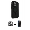MARSİLYAN™- iPhone 15 Pro Max Kılıf Çekirdek Yansıma Prime - Siyah 3D Antistatik Hayalet Cam Ekran Koruyucu + PVD Metal Kamera Lens - SH