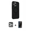 MARSİLYAN™- iPhone 15 Pro Max Kılıf Çekirdek Yansıma Prime - Siyah 3D Antistatik Hayalet Cam Ekran Koruyucu + PVD Metal Kamera Lens - LT