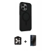 MARSİLYAN™- iPhone 15 Pro Max Kılıf Çekirdek Yansıma Prime - Siyah 3D Antistatik Hayalet Cam Ekran Koruyucu + PVD Metal Kamera Lens - TU