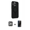 MARSİLYAN™- iPhone 15 Pro Max Kılıf Çekirdek Yansıma Prime - Siyah 3D Antistatik Hayalet Cam Ekran Koruyucu + PVD Metal Kamera Lens - GI