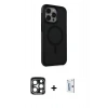 MARSİLYAN™- iPhone 15 Pro Max Kılıf Çekirdek Yansıma Prime - Siyah Bilvis 0.18mm Plus Cam Ekran Koruyucu + PVD Metal Kamera Lens - LT