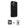 MARSİLYAN™- iPhone 15 Pro Max Kılıf Çekirdek Yansıma Prime - Siyah Bilvis 3D Cam Ekran Koruyucu + PVD Metal Kamera Lens - SH