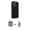 MARSİLYAN™- iPhone 15 Pro Max Kılıf Çekirdek Yansıma Prime - Siyah Bilvis 3D Cam Ekran Koruyucu + PVD Metal Kamera Lens - LT