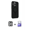 MARSİLYAN™- iPhone 15 Pro Max Kılıf Çekirdek Yansıma Prime - Siyah Bilvis 5in1 5D Magic Hayalet Cam Ekran Koruyucu + Lacivert PVD Metal Kamera Lens