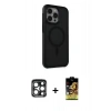 MARSİLYAN™- iPhone 15 Pro Max Kılıf Çekirdek Yansıma Prime - Siyah Buffer Cam Ekran Koruyucu + Lacivert PVD Metal Kamera Lens