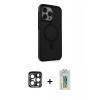 MARSİLYAN™- iPhone 15 Pro Max Kılıf Çekirdek Yansıma Prime - Siyah Polymer Nano Ekran Koruyucu + Lacivert PVD Metal Kamera Lens
