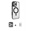 MARSİLYAN™- iPhone 15 Pro Max Kılıf Doruk Doku Özel Seri - Siyah Bilvis 0.18mm Plus Cam Ekran Koruyucu + PVD Metal Kamera Lens - LT