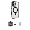 MARSİLYAN™- iPhone 15 Pro Max Kılıf Doruk Doku Özel Seri - Siyah Bilvis 0.18mm Plus Cam Ekran Koruyucu + PVD Metal Kamera Lens - TU