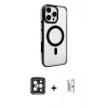 MARSİLYAN™- iPhone 15 Pro Max Kılıf Doruk Doku Özel Seri - Siyah Bilvis 0.18mm Plus Cam Ekran Koruyucu + PVD Metal Kamera Lens - SH