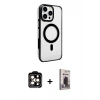 MARSİLYAN™- iPhone 15 Pro Max Kılıf Doruk Doku Özel Seri - Siyah Bilvis Hayalet Cam Ekran Koruyucu + PVD Metal Kamera Lens - TU