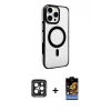 MARSİLYAN™- iPhone 15 Pro Max Kılıf Doruk Doku Özel Seri - Siyah Buffer Hayalet Cam Ekran Koruyucu + PVD Metal Kamera Lens - SH