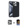 MARSİLYAN™- iPhone 15 Pro Max Kılıf Doruk Serisi - Siyah Buffer Hayalet Cam Ekran Koruyucu + Lacivert PVD Metal Kamera Lens