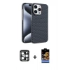 MARSİLYAN™- iPhone 15 Pro Max Kılıf Doruk Serisi - Siyah Buffer Hayalet Cam Ekran Koruyucu + Lacivert PVD Metal Kamera Lens