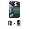 MARSİLYAN™- iPhone 15 Pro Max Kılıf Doruk Serisi - Siyah Buffer Hayalet Cam Ekran Koruyucu + Lacivert PVD Metal Kamera Lens