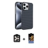 MARSİLYAN™- iPhone 15 Pro Max Kılıf Doruk Serisi - Siyah Buffer Hayalet Cam Ekran Koruyucu + Turuncu PVD Metal Kamera Lens