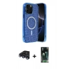 MARSİLYAN™- iPhone 15 Pro Max Kılıf Eksen Çizgi - Şeffaf 360 Full Body Arka Koruyucu + Lacivert Raze Metal Kamera Lens