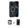 MARSİLYAN™- iPhone 15 Pro Max Kılıf Eksen Çizgi - Siyah 3D Antistatik Hayalet Cam Ekran Koruyucu + PVD Metal Kamera Lens - GS