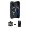 MARSİLYAN™- iPhone 15 Pro Max Kılıf Eksen Çizgi - Siyah 3D Antistatik Hayalet Cam Ekran Koruyucu + Turuncu PVD Metal Kamera Lens