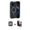 MARSİLYAN™- iPhone 15 Pro Max Kılıf Eksen Çizgi - Siyah 3D Antistatik Mat Seramik Nano Ekran Koruyucu + Gri PVD Metal Kamera Lens