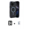 MARSİLYAN™- iPhone 15 Pro Max Kılıf Eksen Çizgi - Siyah Bilvis 0.18mm Plus Cam Ekran Koruyucu + Lacivert PVD Metal Kamera Lens