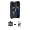 MARSİLYAN™- iPhone 15 Pro Max Kılıf Eksen Çizgi - Siyah Bilvis 3D Mat Cam Ekran Koruyucu + Turuncu PVD Metal Kamera Lens
