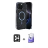 MARSİLYAN™- iPhone 15 Pro Max Kılıf Eksen Çizgi - Siyah Bilvis 5in1 5D Magic Hayalet Cam Ekran Koruyucu + PVD Metal Kamera Lens - SH