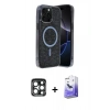 MARSİLYAN™- iPhone 15 Pro Max Kılıf Eksen Çizgi - Siyah Bilvis 5in1 5D Magic Hayalet Cam Ekran Koruyucu + PVD Metal Kamera Lens - LT