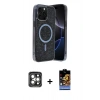 MARSİLYAN™- iPhone 15 Pro Max Kılıf Eksen Çizgi - Siyah Buffer Hayalet Cam Ekran Koruyucu + Gri PVD Metal Kamera Lens
