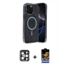 MARSİLYAN™- iPhone 15 Pro Max Kılıf Eksen Çizgi - Siyah Buffer Hayalet Cam Ekran Koruyucu + PVD Metal Kamera Lens - LT