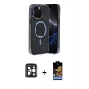 MARSİLYAN™- iPhone 15 Pro Max Kılıf Eksen Çizgi - Siyah Buffer Hayalet Cam Ekran Koruyucu + PVD Metal Kamera Lens - SH
