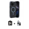 MARSİLYAN™- iPhone 15 Pro Max Kılıf Eksen Çizgi - Siyah Vanessa Magic Hayalet Cam + Turuncu PVD Metal Kamera Lens