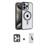 MARSİLYAN™- iPhone 15 Pro Max Kılıf Eksen Form Koleksiyonu - Şeffaf Pasifik Cam Ekran Koruyucu + Gümüş PVD Metal Kamera Lens