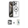 MARSİLYAN™- iPhone 15 Pro Max Kılıf Eksen Form Koleksiyonu - Şeffaf Pasifik Cam Ekran Koruyucu + Gümüş PVD Metal Kamera Lens